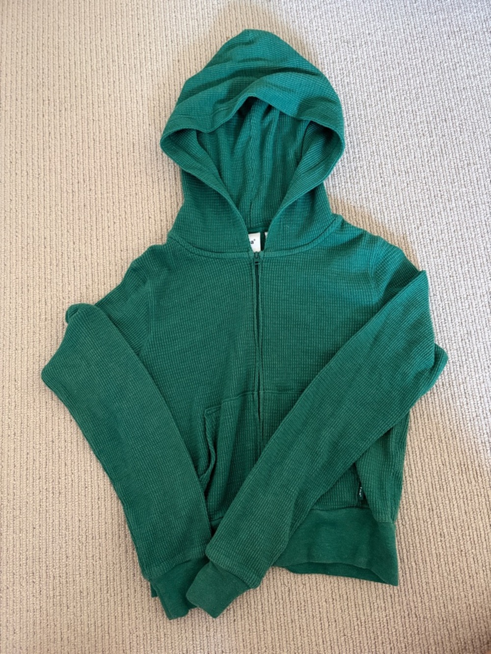 NWOT Aritzia Green Hooded Waffle-Knit Zip Front Top